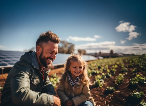 Papa mit Kind Solarfeld Gemeinde Zukunft